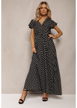 Czarna Sukienka Maxi w Kropki z Plisowanym Dołem i Trójkątnym Dekoltem Florieas ze sklepu Renee odzież w kategorii Sukienki - zdjęcie 170006655