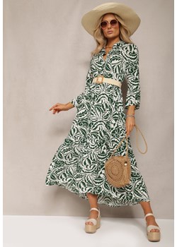 Zielona Sukienka Maxi z Falbanką z Guzikami i Liściastym Wzorem Polka ze sklepu Renee odzież w kategorii Sukienki - zdjęcie 170006665