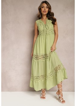 Zielona Maxi Sukienka o Rozkloszowanym Kroju z Ażurowymi Wstawkami Litulla ze sklepu Renee odzież w kategorii Sukienki - zdjęcie 170006685