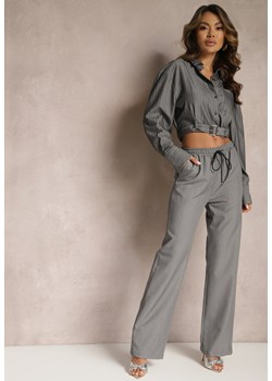 Ciemnoszare Klasyczne Spodnie z Gumką w Pasie i Sznurkiem Celarstia ze sklepu Renee odzież w kategorii Spodnie damskie - zdjęcie 170006785