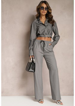 Ciemnoszare Klasyczne Spodnie z Gumką w Pasie i Sznurkiem Celarstia ze sklepu Renee odzież w kategorii Spodnie damskie - zdjęcie 170006786