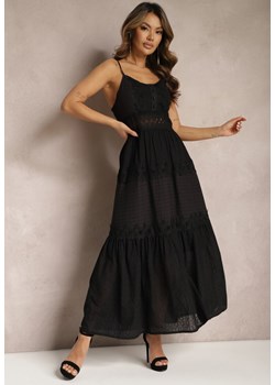 Czarna Sukienka Maxi na Cienkich Ramiączkach z Ażurową Wstawką w Talii Grania ze sklepu Renee odzież w kategorii Sukienki - zdjęcie 170006885