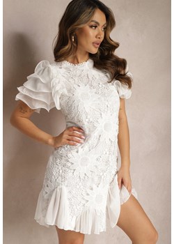 Biała Sukienka Dopasowana Mini z Koronką i Falbankami Offiamea ze sklepu Renee odzież w kategorii Sukienki - zdjęcie 170006935