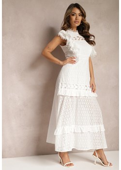 Biała Taliowana Sukienka Maxi Rozkloszowana z Ażurowym Motywem Handlla ze sklepu Renee odzież w kategorii Sukienki - zdjęcie 170006955
