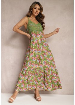 Ciemnozielona Rozkloszowana Sukienka Maxi z Wiskozy w Kwiatowy Print na Ramiączkach Roisintia ze sklepu Renee odzież w kategorii Sukienki - zdjęcie 170007025