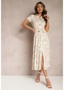 Beżowa Midi Sukienka Koszulowa z Ornamentalnym Printem Wiązana w Talii Beala ze sklepu Renee odzież w kategorii Sukienki - zdjęcie 170007075