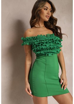 Zielona Sukienka Dopasowana o Kroju Hiszpanki Mini z Falbankami przy Dekolcie Kaleitia ze sklepu Renee odzież w kategorii Sukienki - zdjęcie 170007095