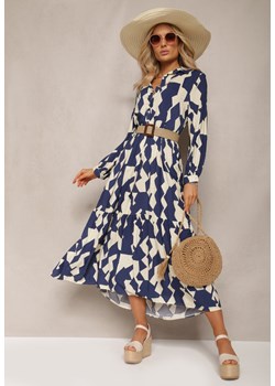 Beżowo-Granatowa Sukienka Maxi w Geometryczny Wzór Qerida ze sklepu Renee odzież w kategorii Sukienki - zdjęcie 170020356