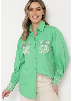 Zielona Koszula Bogato Ozdobiona Cyrkoniami i Perłami Primulla ze sklepu Born2be Odzież w kategorii Koszule damskie - zdjęcie 170020655