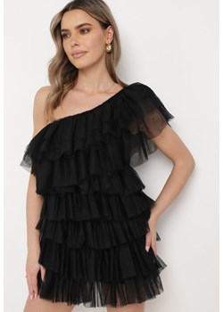 Czarna Sukienka Mini na Jedno Ramię Asymetryczna z Falbankami Nomenta ze sklepu Born2be Odzież w kategorii Sukienki - zdjęcie 170060258