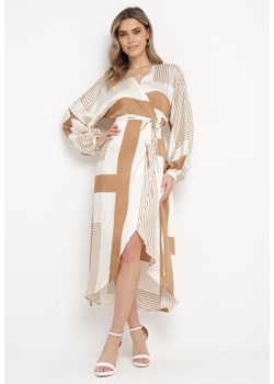 Beżowa Sukienka Kopertowa Kimono z Geometrycznym Wzorem i Wiązanym Paskiem Klerossa ze sklepu Born2be Odzież w kategorii Sukienki - zdjęcie 170060295