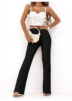 Czarne szerokie spodnie z przeszyciami Elines - czarny ze sklepu pakuten.pl w kategorii Spodnie damskie - zdjęcie 170062178