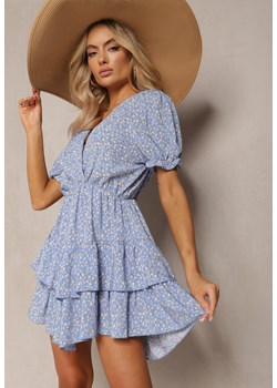 Niebiesko-Beżowa Krótka Sukienka Letnia z Gumką w Talii i Falbankami Jasimra ze sklepu Renee odzież w kategorii Sukienki - zdjęcie 170068469