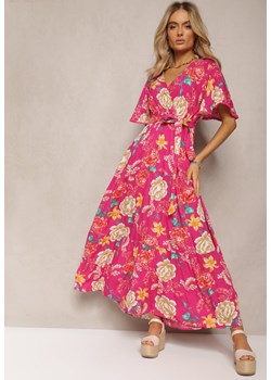 Różowa Sukienka z Kopertowym Dekoltem i Falbanką Ozdobiona Kwiatowym Motywem Nisavela ze sklepu Renee odzież w kategorii Sukienki - zdjęcie 170068479