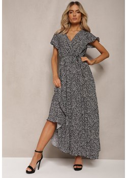 Czarno-Biała Sukienka Maxi z Gumką w Pasie i Kopertowym Dekoltem w Kropki Miretell ze sklepu Renee odzież w kategorii Sukienki - zdjęcie 170068509