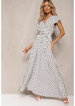 Biała Sukienka Maxi w Kropki z Plisowanym Dołem i Trójkątnym Dekoltem Florieas ze sklepu Renee odzież w kategorii Sukienki - zdjęcie 170068519