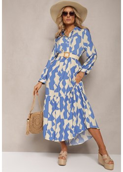 Niebiesko-Beżowa Koszulowa Sukienka Maxi w Geometryczny Wzór Qerida ze sklepu Renee odzież w kategorii Sukienki - zdjęcie 170068549