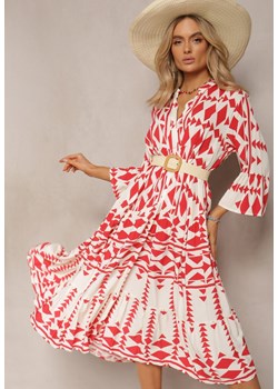 Czerwono-Biała Rozkloszowana Sukienka Midi w Geometryczny Wzór Ozdobiona Falbankami Mefdia ze sklepu Renee odzież w kategorii Sukienki - zdjęcie 170068569