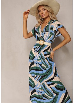 Niebiesko-Zielona Rozkloszowana Sukienka z Wiskozy z Gumką w Talii i Abstrakcyjnym Wzorem  Pairella ze sklepu Renee odzież w kategorii Sukienki - zdjęcie 170068747