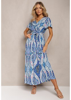 Niebieska Rozkloszowana Sukienka z Wiskozy z Paskiem i Ozdobnym Wzorem Briarwin ze sklepu Renee odzież w kategorii Sukienki - zdjęcie 170068769