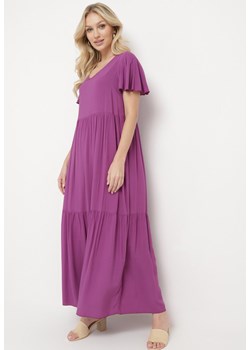 Fioletowa Bawełniana Sukienka Maxi z Krótkim Rękawem Rozkloszowana Leviossa ze sklepu Born2be Odzież w kategorii Sukienki - zdjęcie 170069436