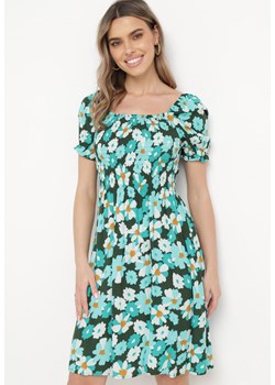 Niebiesko-Zielona Wiskozowa Sukienka Midi Rozkloszowana w Kwiatowy Print Acarana ze sklepu Born2be Odzież w kategorii Sukienki - zdjęcie 170109516