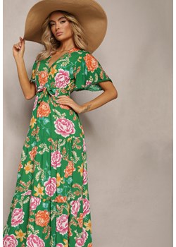 Zielona Sukienka z Kopertowym Dekoltem i Falbanką Ozdobiona Kwiatowym Motywem Nisavela ze sklepu Renee odzież w kategorii Sukienki - zdjęcie 170109646