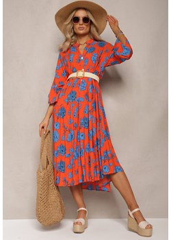 Pomarańczowa Rozkloszowana Sukienka z Guzikami w Kwiatowy Wzór Plasetha ze sklepu Renee odzież w kategorii Sukienki - zdjęcie 170109656