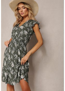 Ciemnozielona Kopertowa Sukienka Letnia z Bawełny w Kwiaty Ilivanna ze sklepu Renee odzież w kategorii Sukienki - zdjęcie 170109676