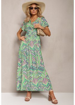 Zielona Długa Sukienka z Kopertowym Dekoltem i Gumką w Pasie z Wiskozy Eriselle ze sklepu Renee odzież w kategorii Sukienki - zdjęcie 170109747