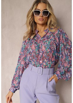 Niebiesko-Fioletowa Koszula w Kwiatowy Wzór z Prześwitującej Tkaniny Omertala ze sklepu Renee odzież w kategorii Koszule damskie - zdjęcie 170126039