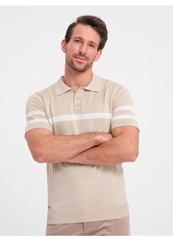 Męska koszulka polo z miękkiej dzianiny z kontrastowymi pasami - beżowa V4 OM-POSS-0118 ze sklepu ombre w kategorii T-shirty męskie - zdjęcie 170128336