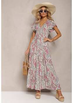 Różowo-Beżowa Rozkloszowana Sukienka Maxi na Guziki Ozdobiona Etnicznym Wzorem Kleriala ze sklepu Renee odzież w kategorii Sukienki - zdjęcie 170131028