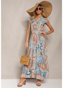 Niebiesko-Pomarańczowa Sukienka z Bawełny w Stylu Boho z Kopertowym Dekoltem Dillana ze sklepu Renee odzież w kategorii Sukienki - zdjęcie 170131075