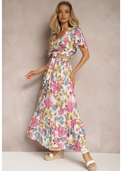 Biało-Różowy Wiskozowy Komplet w Kwiatowy Print Spódnica i Bluzka z Kopertowym Dekoltem Ollecurne ze sklepu Renee odzież w kategorii Komplety i garnitury damskie - zdjęcie 170131115
