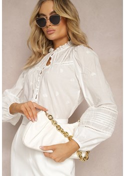 Biała Koszula z Bawełny Ozdobiona Falbanką i Ażurowymi Wstawkami Kodrea ze sklepu Renee odzież w kategorii Koszule damskie - zdjęcie 170131155