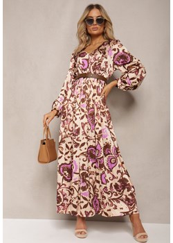 Beżowo-Fioletowa Długa Sukienka z Satyny z Gumką w Pasie i Ornamentalnym Printem Anoitia ze sklepu Renee odzież w kategorii Sukienki - zdjęcie 170131466