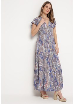 Granatowo-Beżowa Sukienka Maxi z Gumką Pod Biustem i Orientalnym Wzorem Uniwia ze sklepu Born2be Odzież w kategorii Sukienki - zdjęcie 170131519