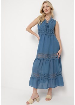 Niebieska Rozkloszowana Sukienka z Ażurowymi Zdobieniami Maxi Savanlia ze sklepu Born2be Odzież w kategorii Sukienki - zdjęcie 170131539