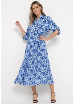 Niebiesko-Granatowa Sukienka Maxi w Kwiatowy Wzór z Koszulową Górą Lithaia ze sklepu Born2be Odzież w kategorii Sukienki - zdjęcie 170139809