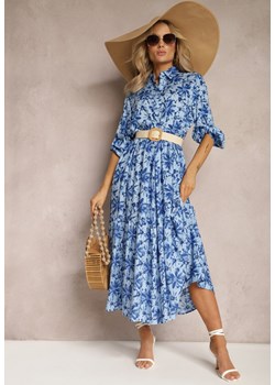 Niebiesko-Granatowa Rozkoszowana Sukienka z Koszulową Górą i Wzorem w Kwiaty Nealavin ze sklepu Renee odzież w kategorii Sukienki - zdjęcie 170140249
