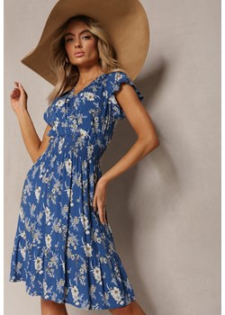 Granatowa Kopertowa Sukienka Letnia z Bawełny w Kwiaty Ilivanna ze sklepu Renee odzież w kategorii Sukienki - zdjęcie 170140306