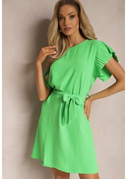 Jasnozielona Mini Sukienka Rozkloszowana ze Zdobionym Rękawem i Materiałowym Paskiem Ajemia ze sklepu Renee odzież w kategorii Sukienki - zdjęcie 170140376