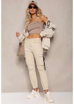 Jasnobeżowe Spodnie z Bawełny Joggery High Waist Abiranca ze sklepu Renee odzież w kategorii Spodnie damskie - zdjęcie 170140396