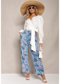 Niebiesko-Szare Spodnie z Wiskozy z Szerokimi Nogawkami Ozdobione Wzorem w Egzotyczne Liście Filea ze sklepu Renee odzież w kategorii Spodnie damskie - zdjęcie 170140537