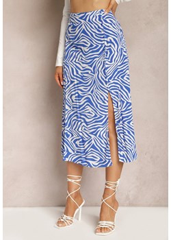 Niebieska Rozkloszowana Spódnica z Wiskozy Rozcięta na Boku z Guzikami Seonailla ze sklepu Renee odzież w kategorii Spódnice - zdjęcie 170140739