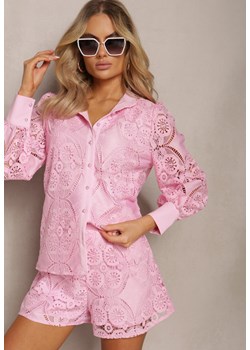 Różowa Klasyczna Koszula z Ażurowego Materiału Aseili ze sklepu Renee odzież w kategorii Koszule damskie - zdjęcie 170140986