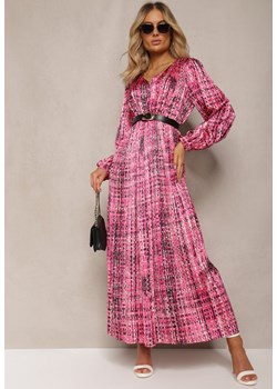 Fuksjowa Plisowana Sukienka Maxi Ozdobiona Wzorem w Tweedowym Stylu Juvioa ze sklepu Renee odzież w kategorii Sukienki - zdjęcie 170141037