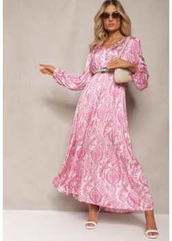 Różowa Rozkloszowana Sukienka z Gumką w Talii i Plisami z Ornamentalnym Printem Juvana ze sklepu Renee odzież w kategorii Sukienki - zdjęcie 170141047