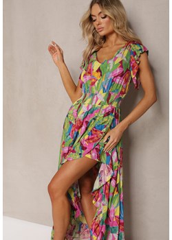 Zielono-Różowa Sukienka z Asymetrycznym Rozkloszowanym Dołem z Falbanką i Gumką w Talii Luare ze sklepu Renee odzież w kategorii Sukienki - zdjęcie 170141116